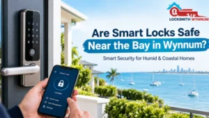 Smart lock installation in Wynnum showing a secure, weather-resistant smart door lock for coastal homes near Moreton Bay