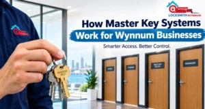 Master key system for Wynnum businesses showing a professional locksmith holding a master key for multiple commercial doors