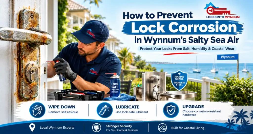 Lock corrosion prevention in Wynnum showing a locksmith treating a rusty door lock and installing corrosion-resistant hardware for coastal homes