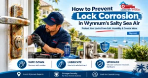 Lock corrosion prevention in Wynnum showing a locksmith treating a rusty door lock and installing corrosion-resistant hardware for coastal homes