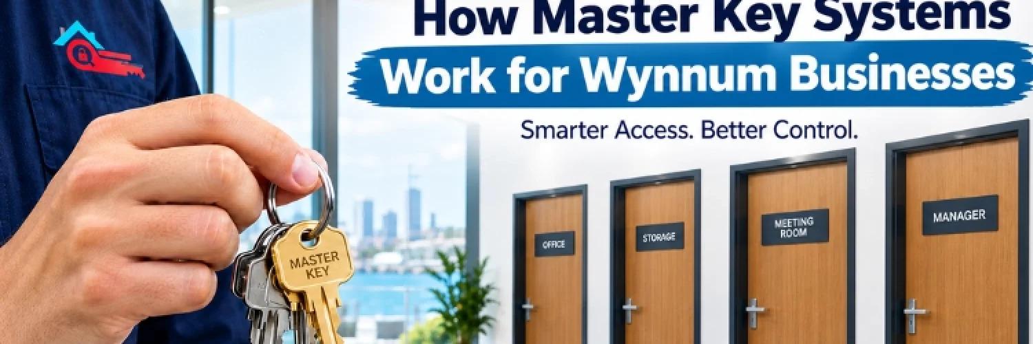 Master key system for Wynnum businesses showing a professional locksmith holding a master key for multiple commercial doors