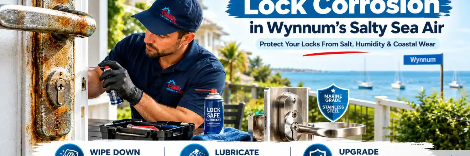 Lock corrosion prevention in Wynnum showing a locksmith treating a rusty door lock and installing corrosion-resistant hardware for coastal homes